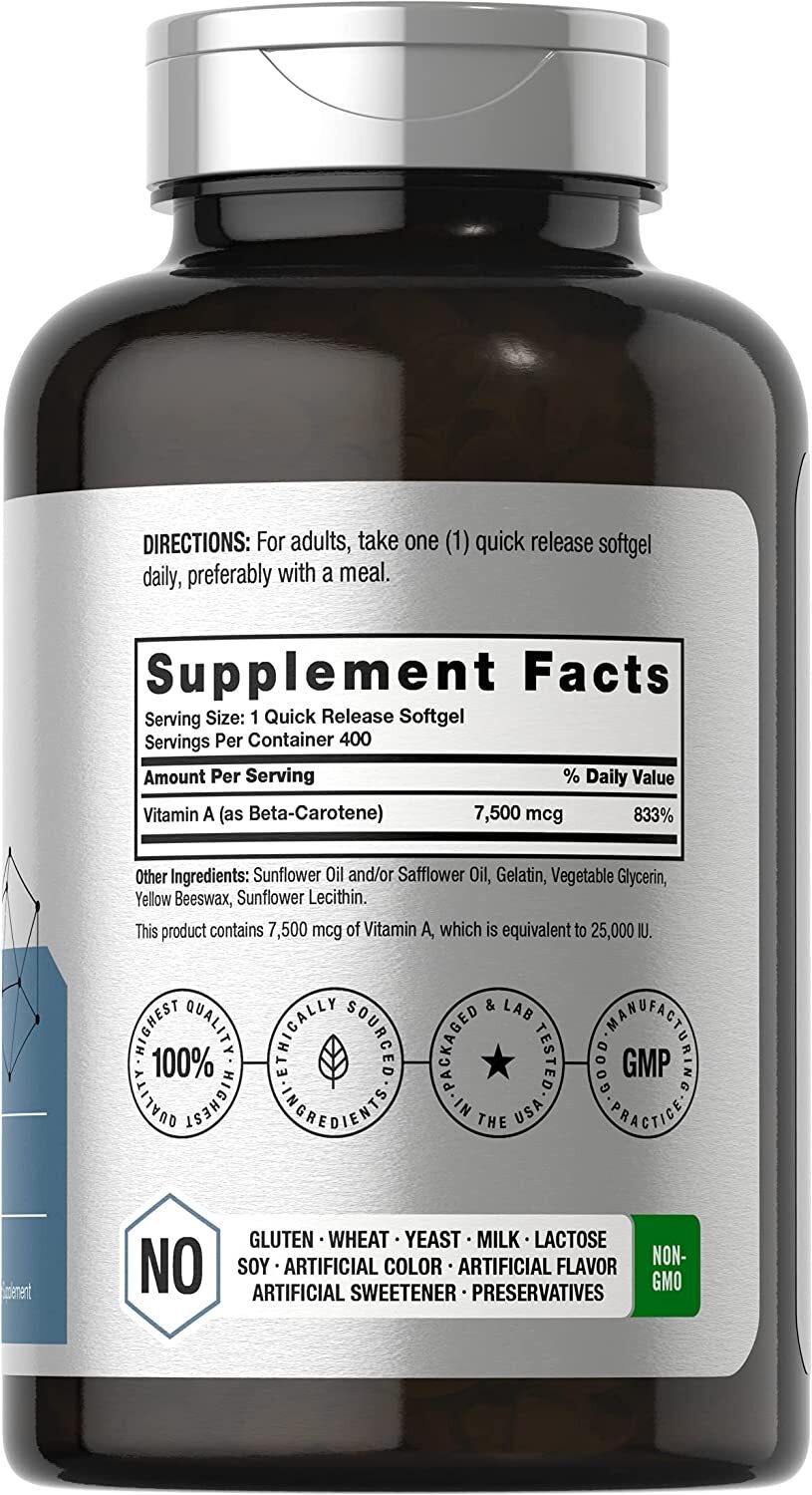 Beta Carotene 25000 iu Softgels | 7,500 mcg | 400 Count | Non-GMO | by Horbaach