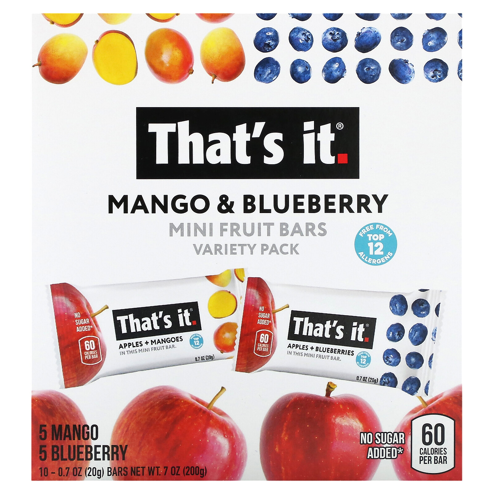 Mini Fruit Bars, Variety Pack, Mango & Blueberry, 10 Bars, 0.7 oz (20 g) Each
