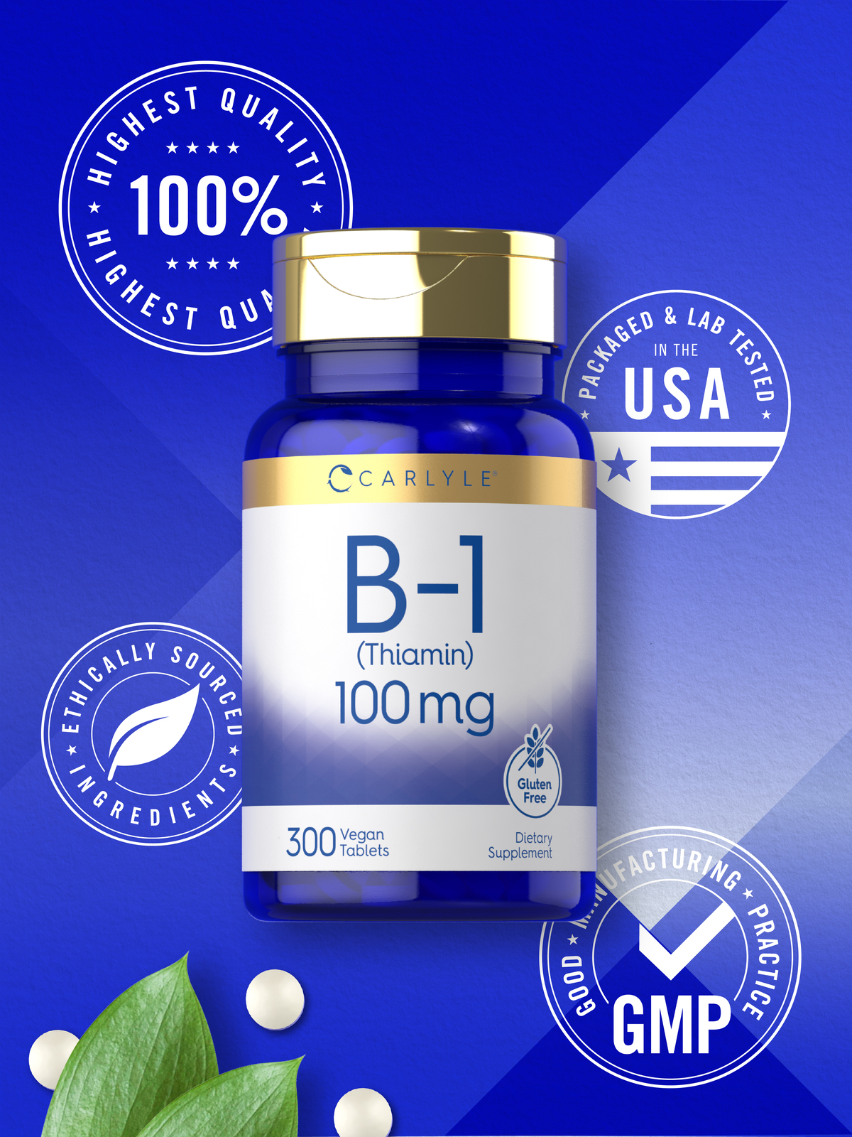Vitamin B-1 Thiamin | 100mg | 300 Tablets | Non-GMO & Gluten Free | by Carlyle