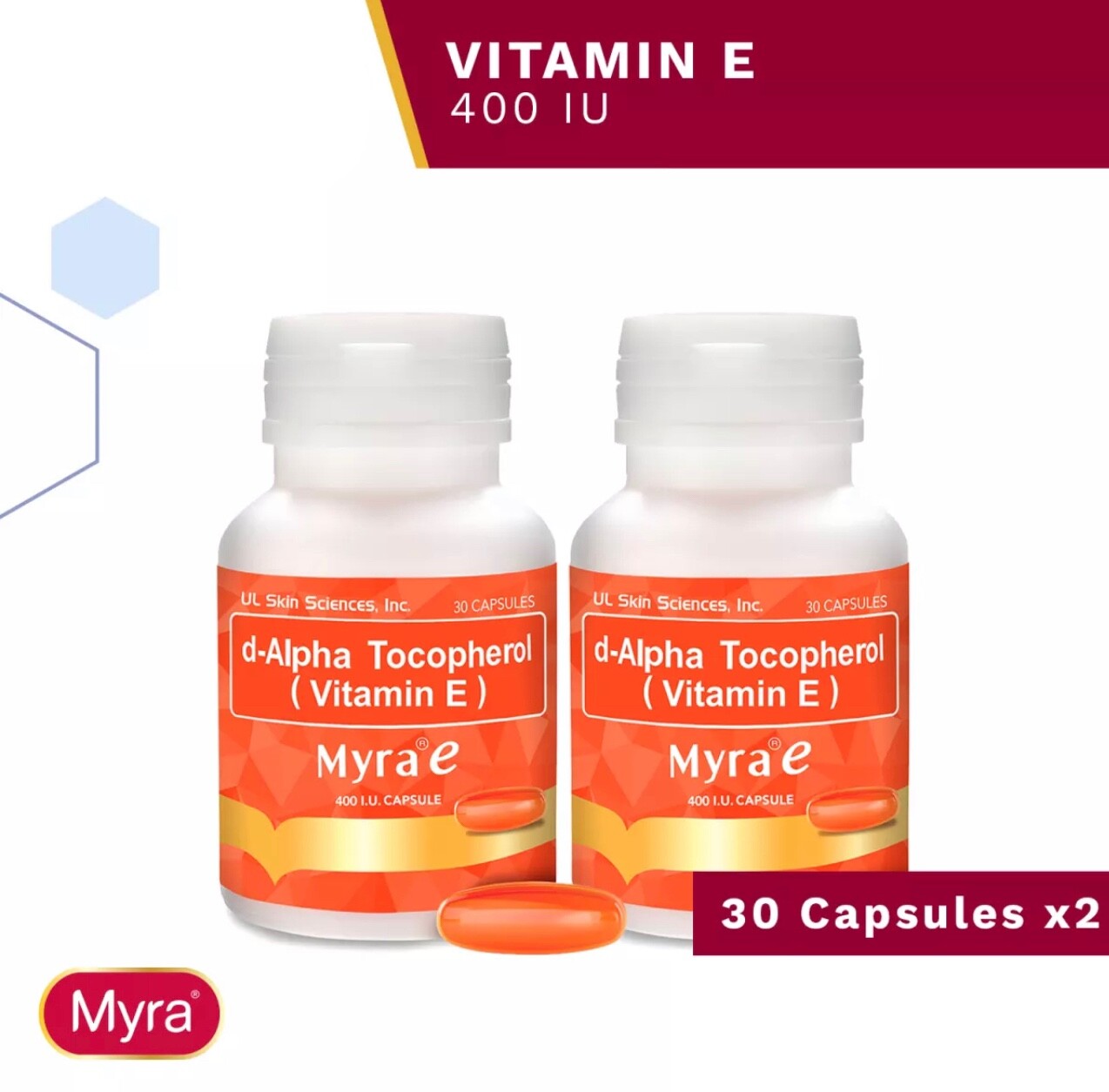 60 Capsules Myra E 400 IU Vitamin E d-Alpha Tocopherol by Myra E