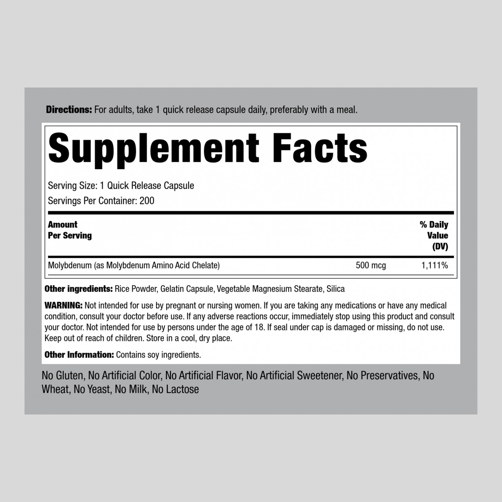 Molybdenum Supplement | 500 mcg | 200 Capsules | Non-GMO | by Piping Rock