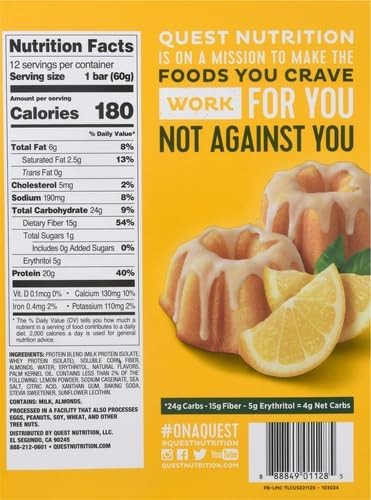 Quest Nutrition Lemon Cake Protein Bars 20g Protein Low Carb Gluten Free Keto