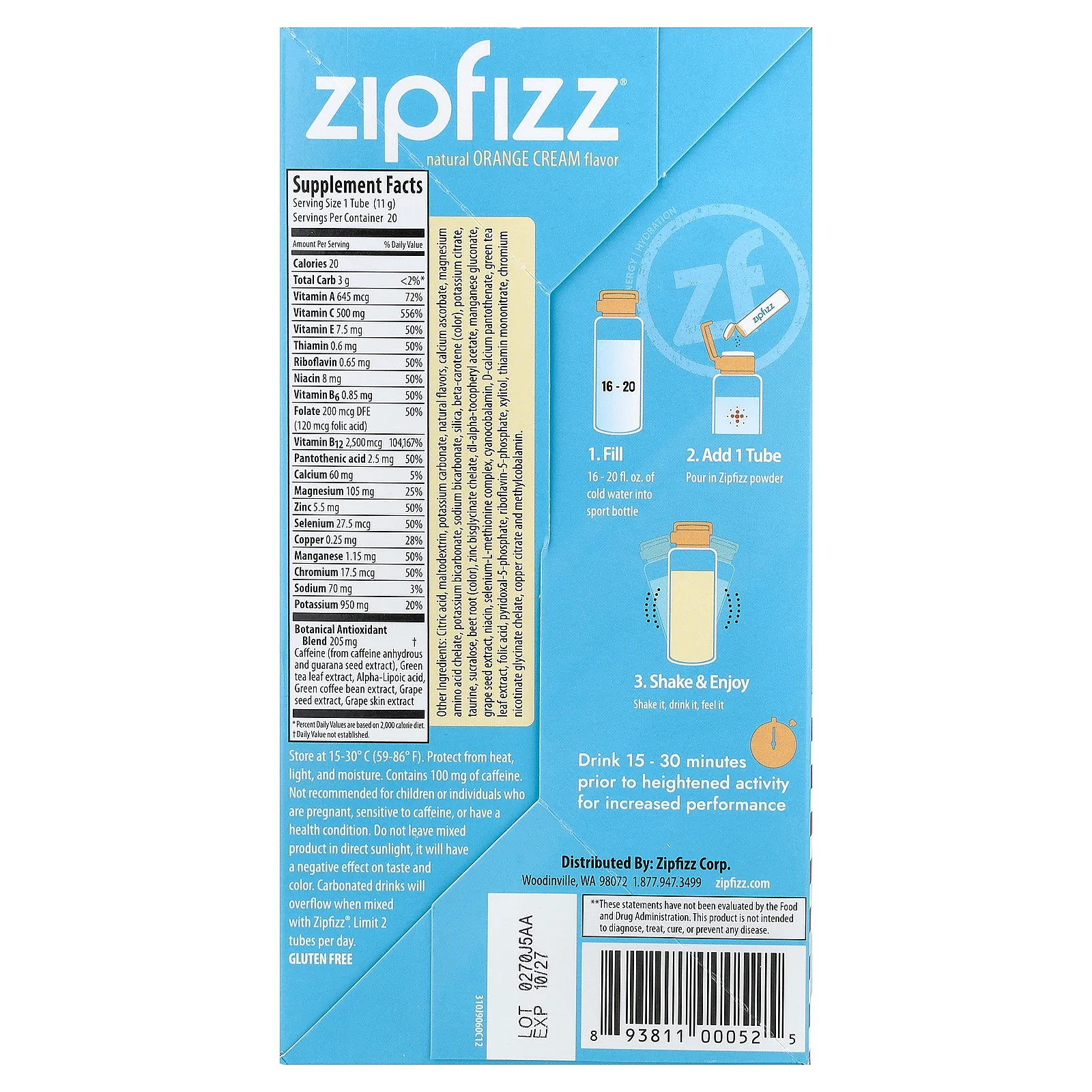 2 X Zipfizz, Energy Drink Mix, Orange Cream, 20 Tubes, 0.39 oz (11 g) Each