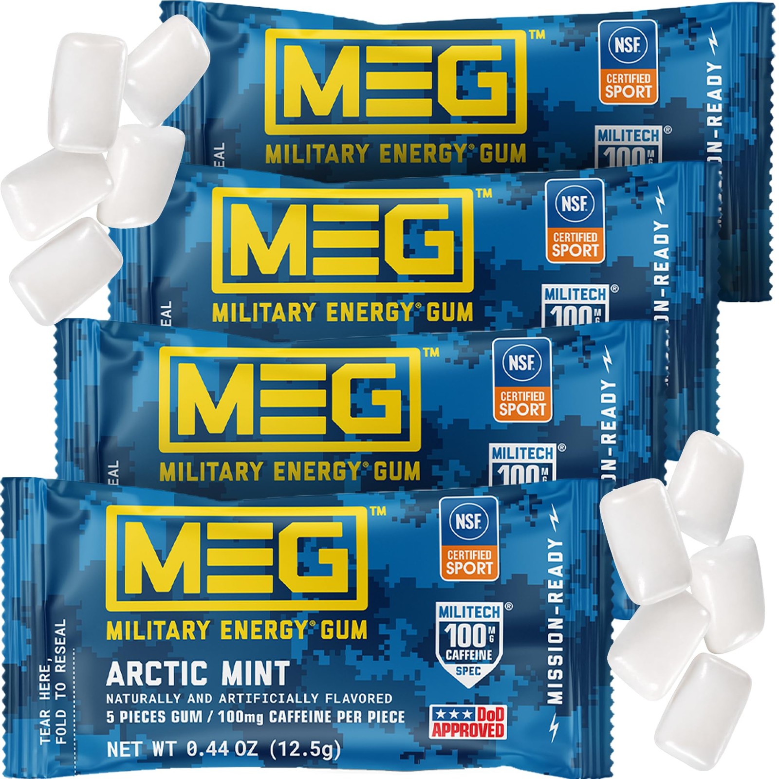 MEG – Military Energy Gum – Arctic Mint | 100mg 5 Count (Pack of 4),
