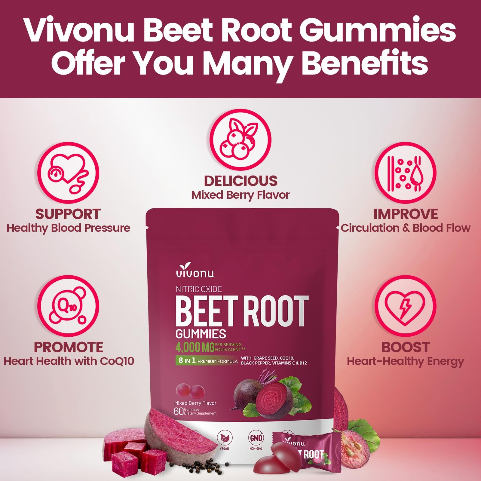 VivoNu Beet Root Gummies 8-in-1 Premium 240 Count (Pack of 1), 60