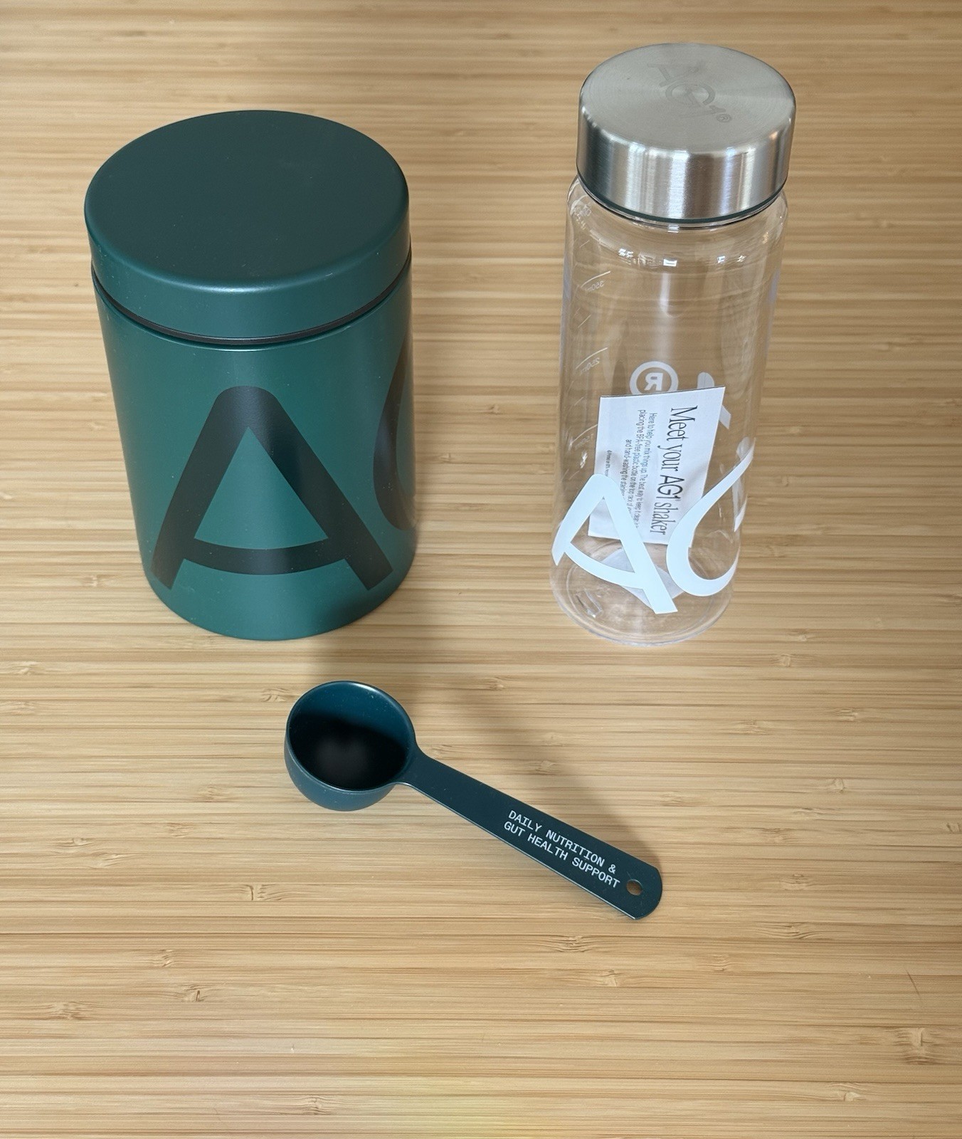 AG1 Athletic Greens Metal Canister with Metal Scoop and Mixing Bottle
