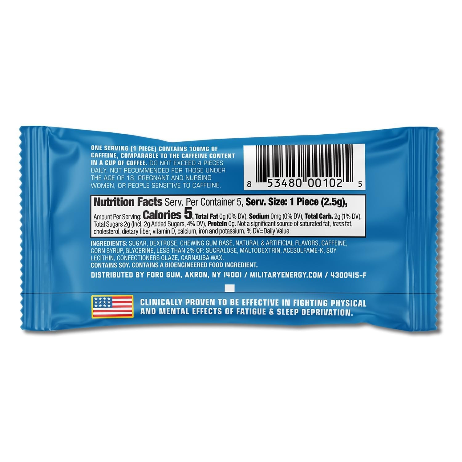 MEG – Military Energy Gum – Arctic Mint | 100mg 5 Count (Pack of 4),