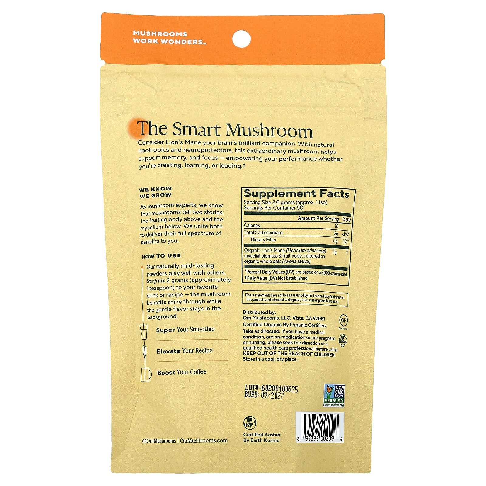2 X Om Mushrooms, Mushroom Powder, Lion’s Mane, 3.5 oz (100 g)