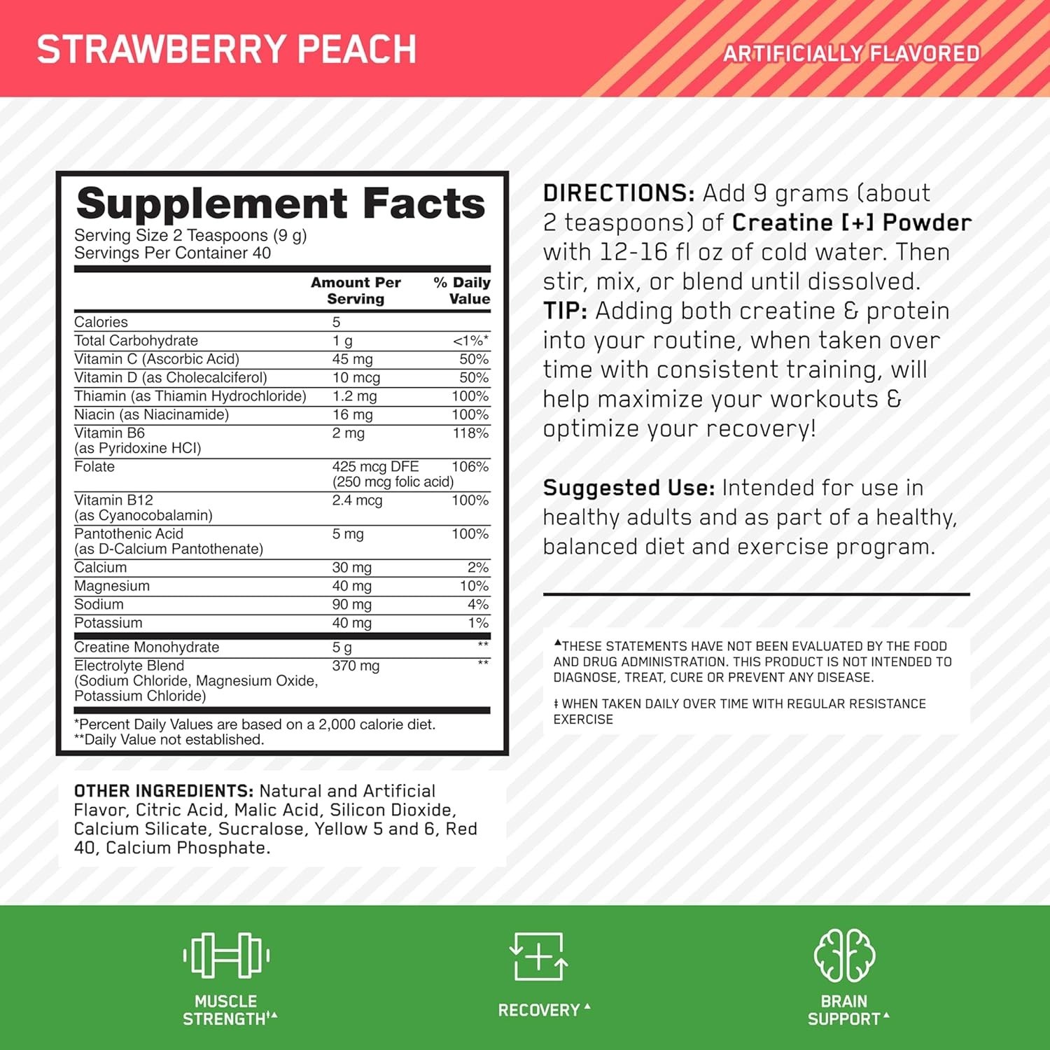 Creatine Monohydrate Plus Powder – Strawberry Peach, 40 Servings for Strength