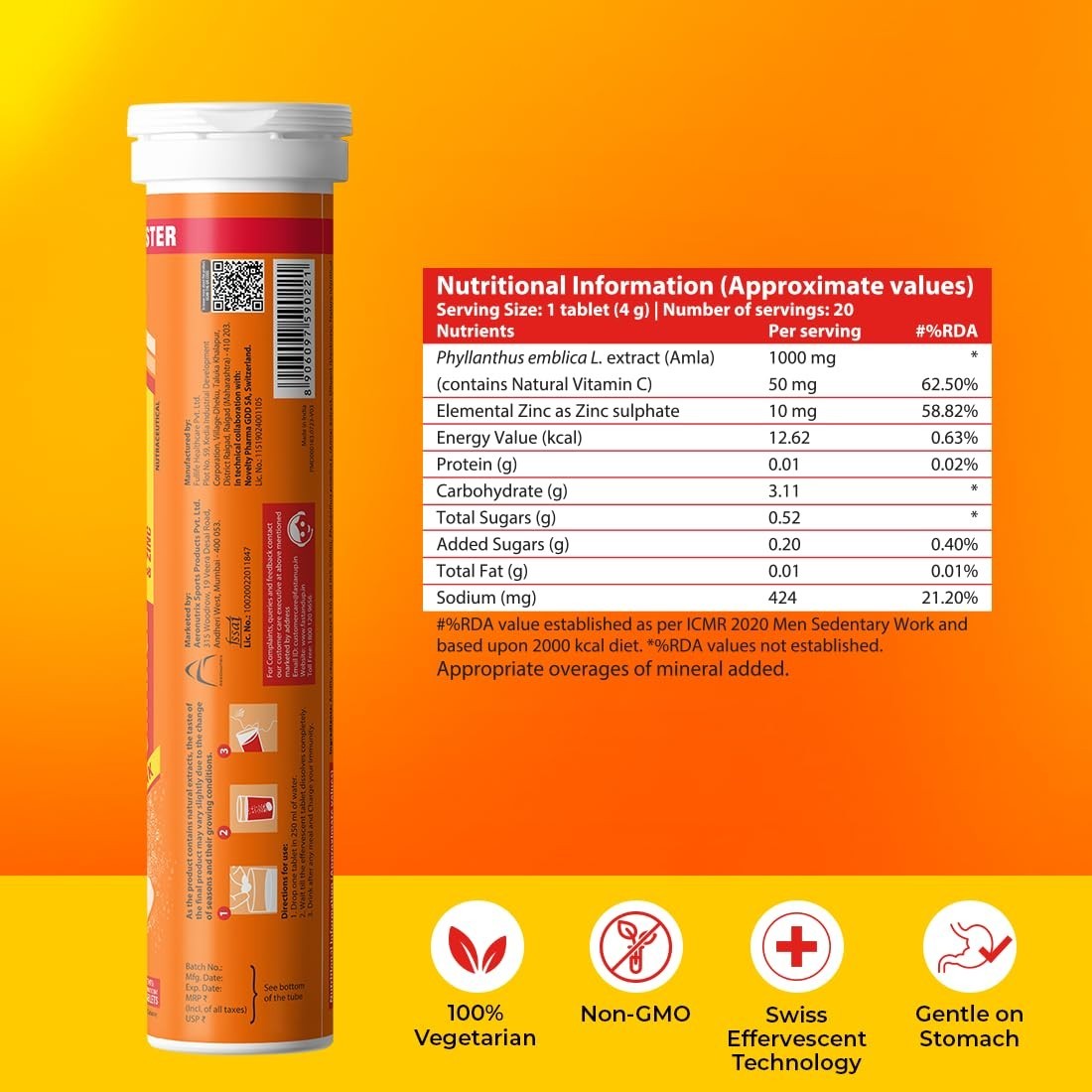 Fast&Up Charge Natural Vitamin C 60 Effervescent Tablets Amla & Zinc Orange