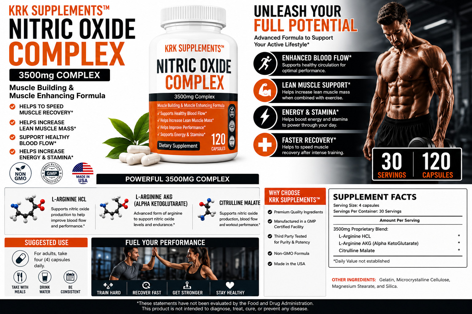 1 Nitric Oxide 3500mg L-Arginine AKG Citrulline Keto Muscle Pump Growth Pills