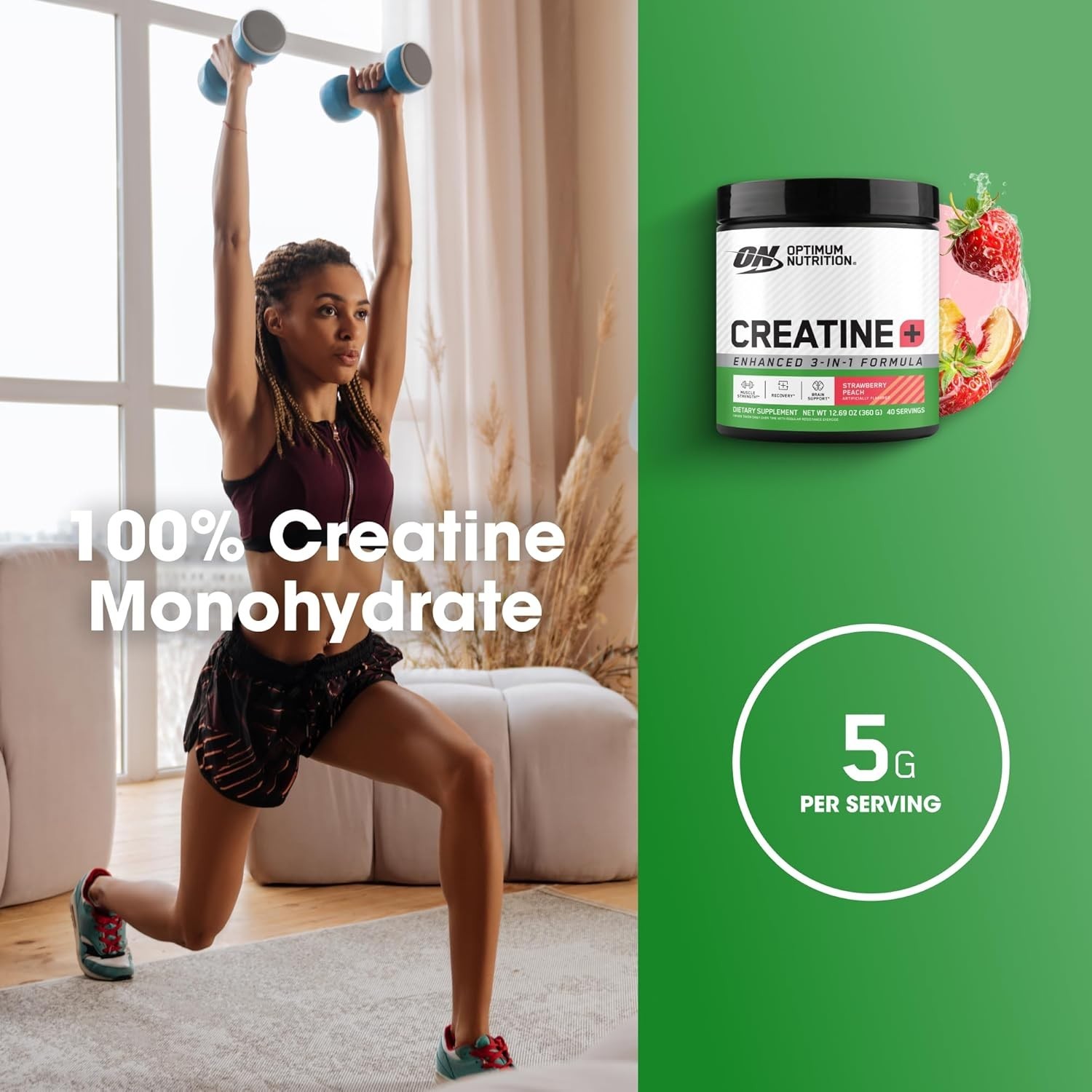Creatine Monohydrate Plus Powder – Strawberry Peach, 40 Servings for Strength
