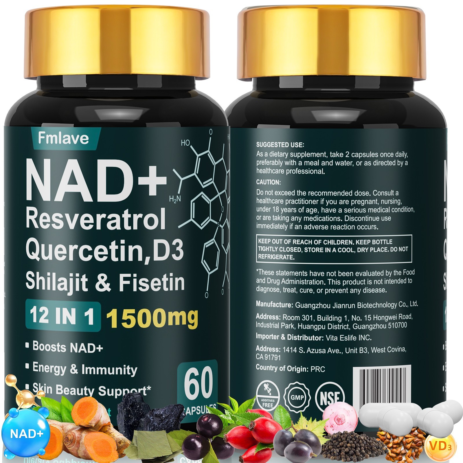 NAD + Resveratrol Quercetin D3, Shilajit & Fisetin, Enhance Cellular Energy 60ct