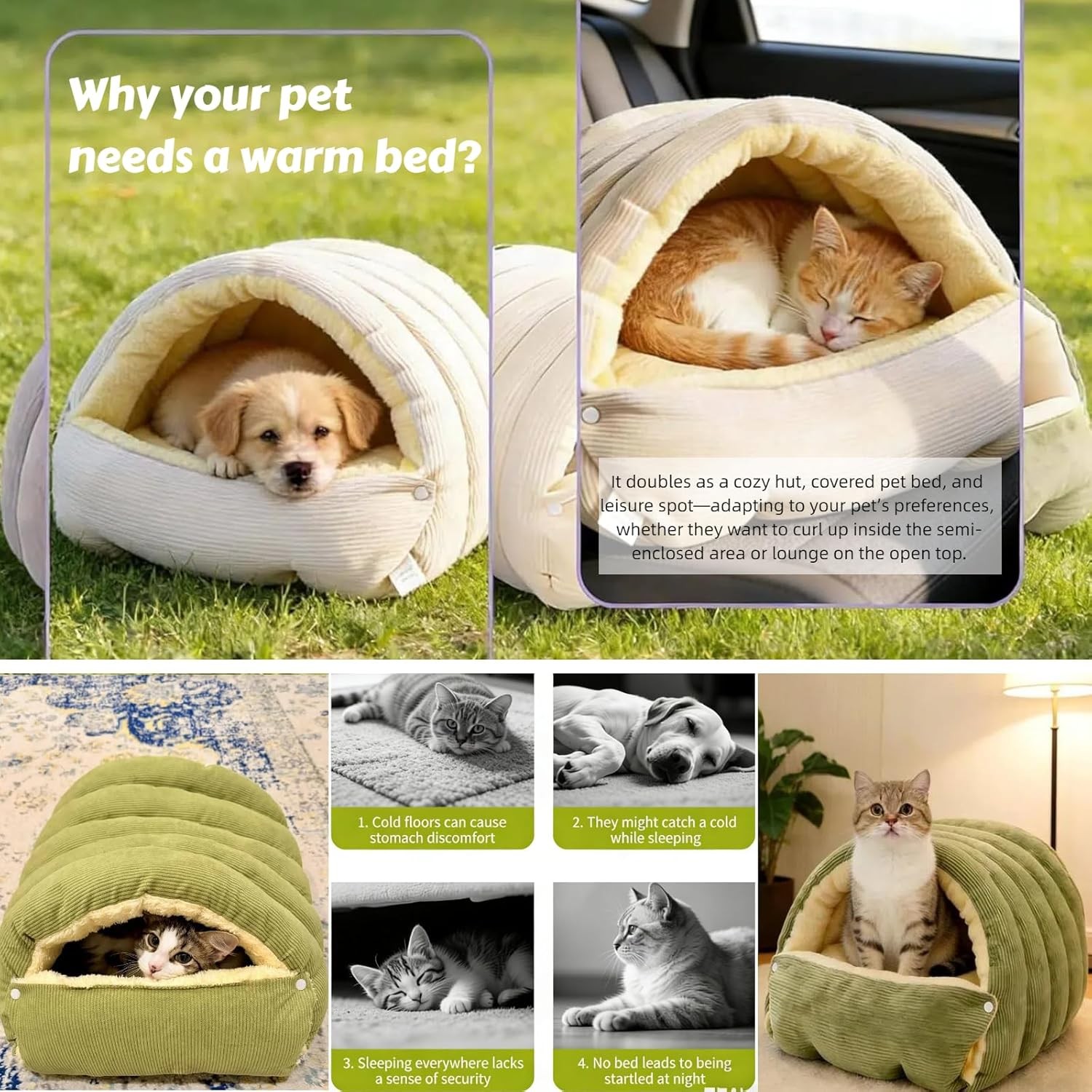Cat Cave Bed for Indoor Sleeping Bag 2-in-1 Detachable Dog Cave with Zipper & Sn