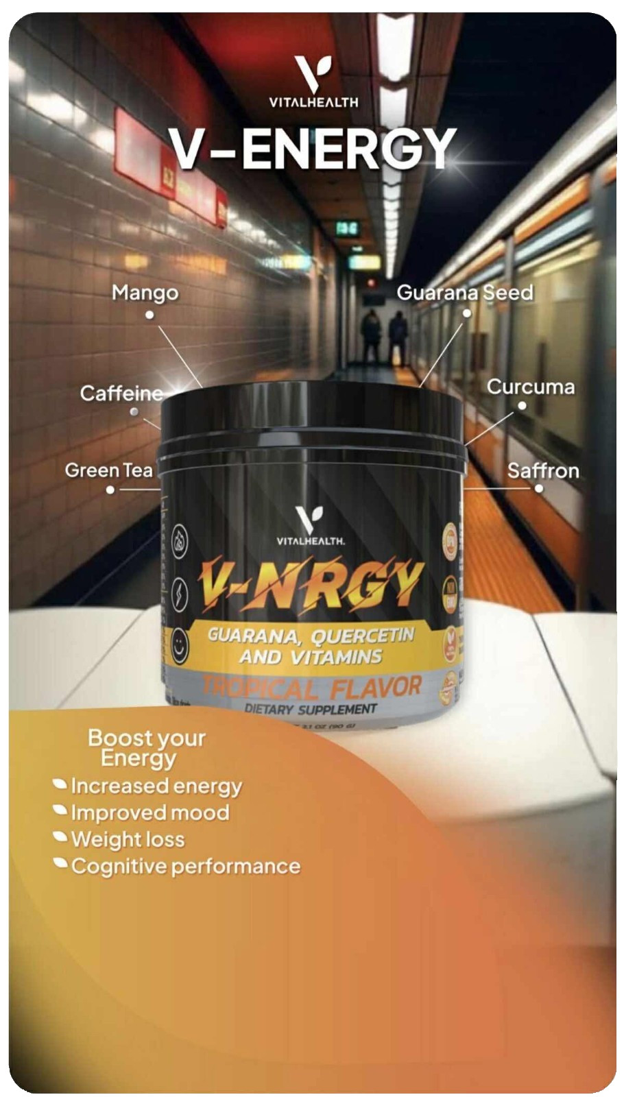 Vital Health® V-NRGY 3.2 oz 90g Natural Energy Vitamin Drink Mix Tropical Flavor