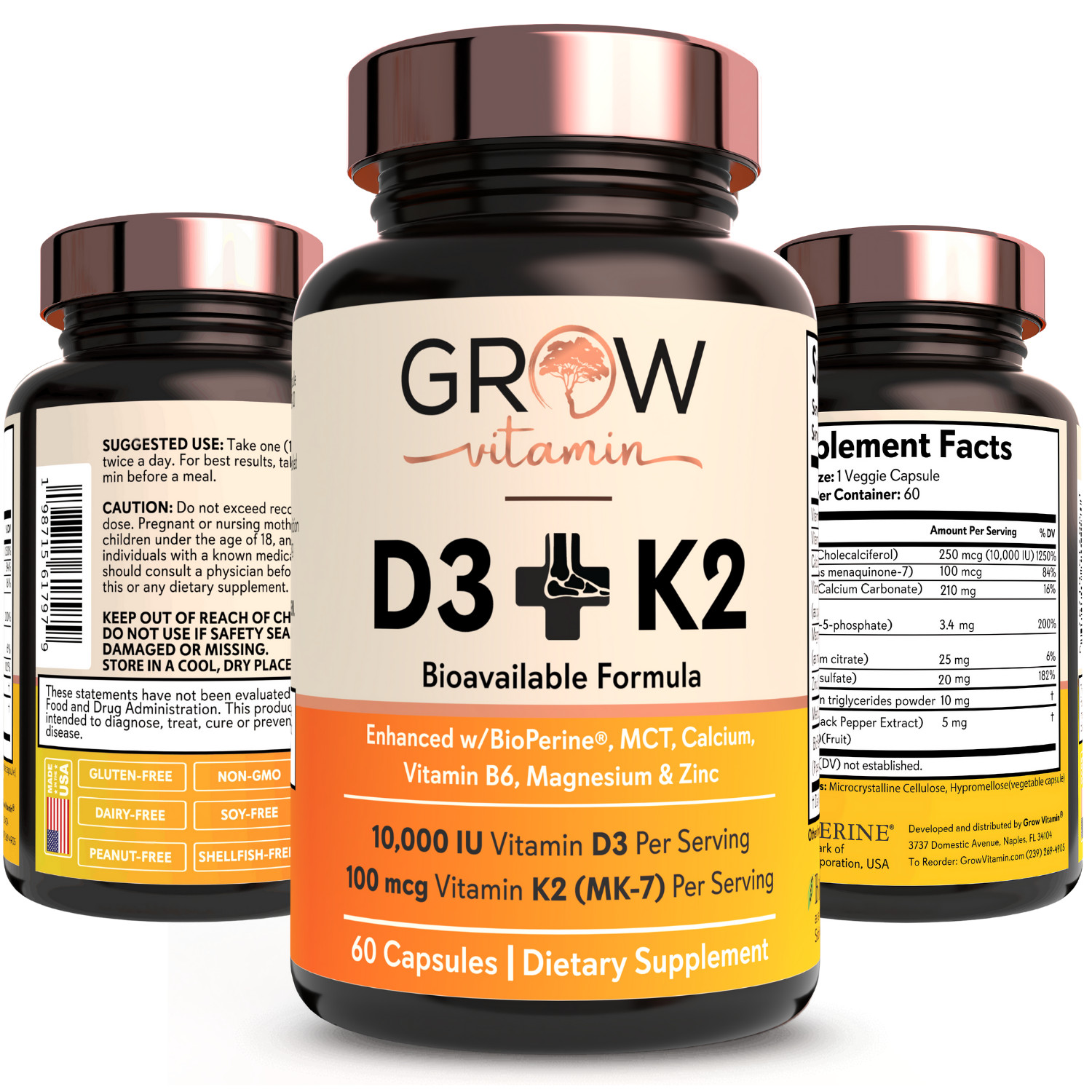 Grow Vitamin Organic Vitamin D3 & K2 w/MCT Oil (10,000 IU) MK7 – 60 capsules