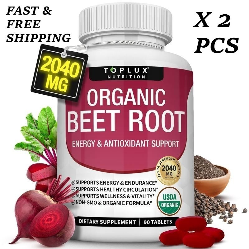 3PCS -TopLux Organic Beet Root 2040mg–90Tablets–Energy,Circulation&Antioxidant