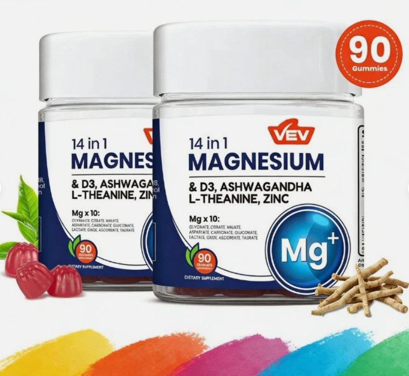 2-Pack VEV 14-in-1 Magnesium Gummies – 10 Mg Types + D3, Ashwagandha – 90 Ct