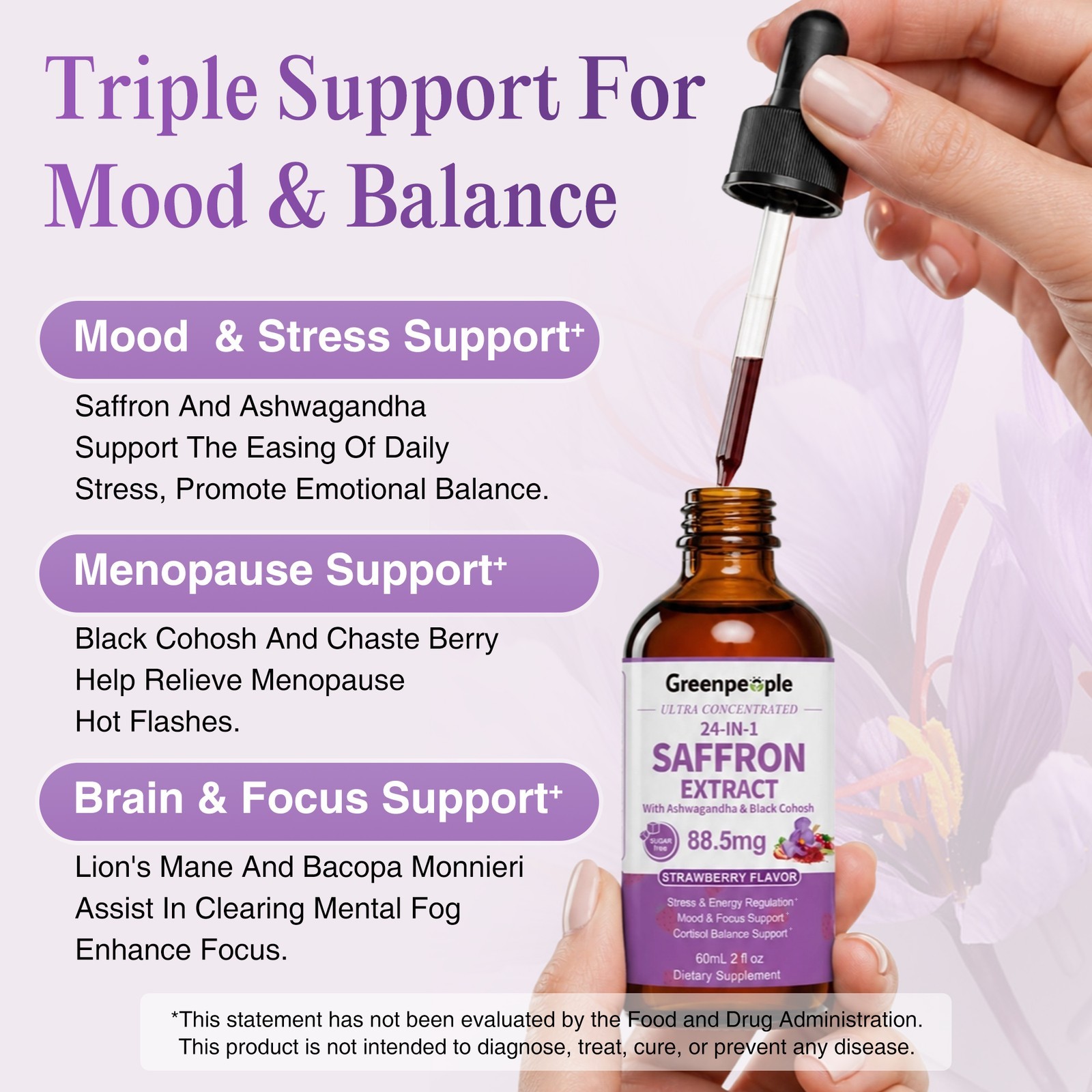 Saffron Supplements 88.5 mg &Ashwagandha, Magnesium, Zinc, B12 & D3 60ml