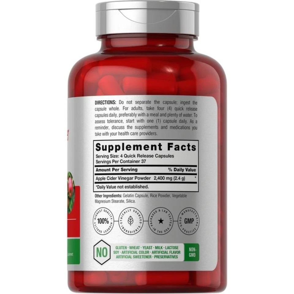 Non-GMO Horbäach Apple Cider Vinegar 2400mg Supplement 150 Capsules Gluten NEW