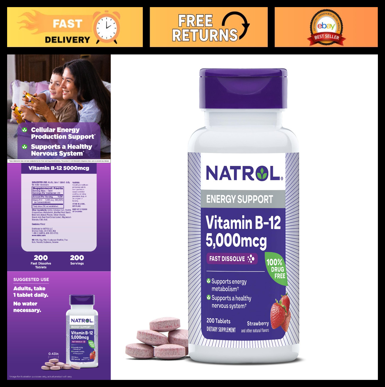 High Potency B12 5000 mcg Fast Dissolve Tablets for Energy Metabolism – 200 Coun