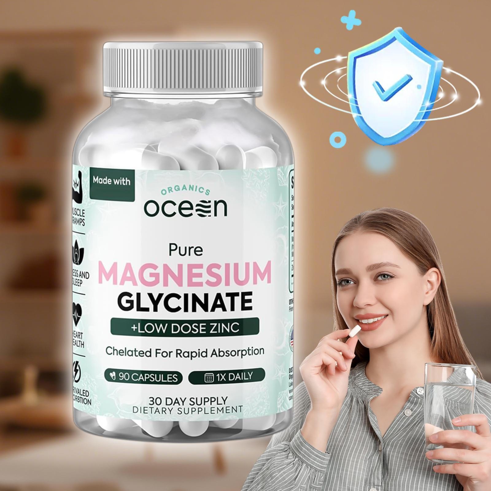 Organics Ocean Pure Magnesium Glycinate With Zinc – Strength Chelated- 90 CT