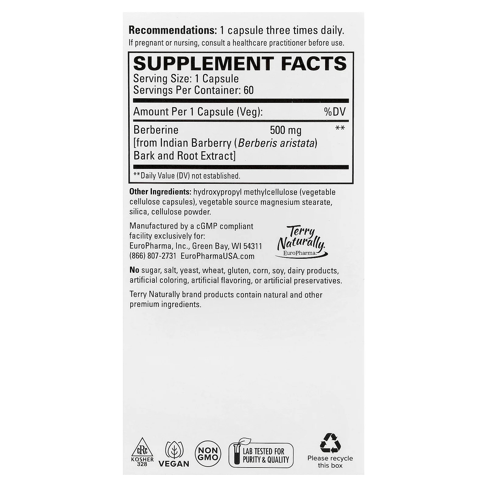 2 X Terry Naturally, Berberine, 500 mg, 60 Capsules