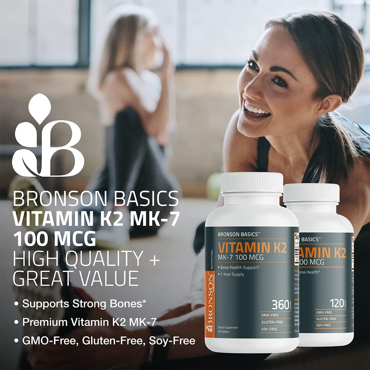 Bronson Vitamin K2 MK-7 100 MCG, K2 as MK7 Menaquinone, Bone Support, Tablets