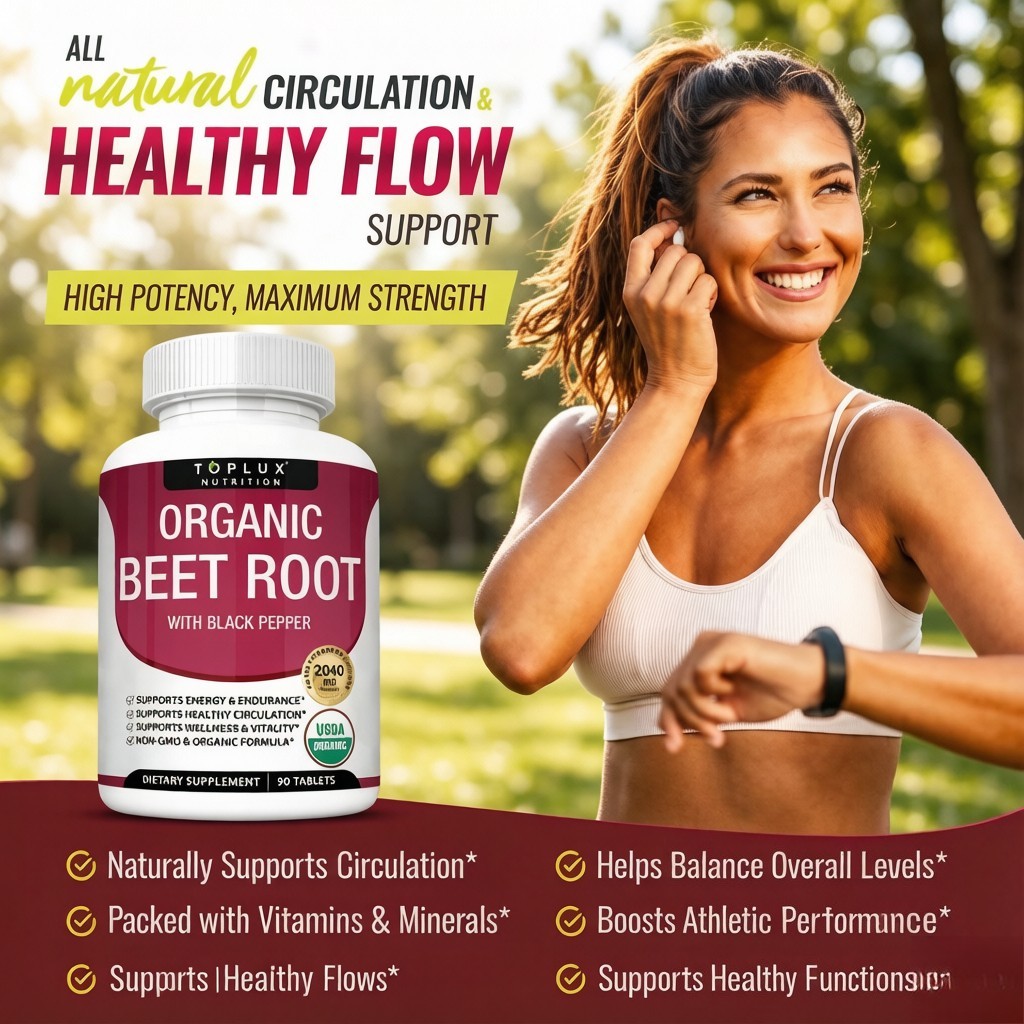 Toplux Organic Beet Root 2040mg – Nitric Oxide Support, Black Pepper, 90 Tablets