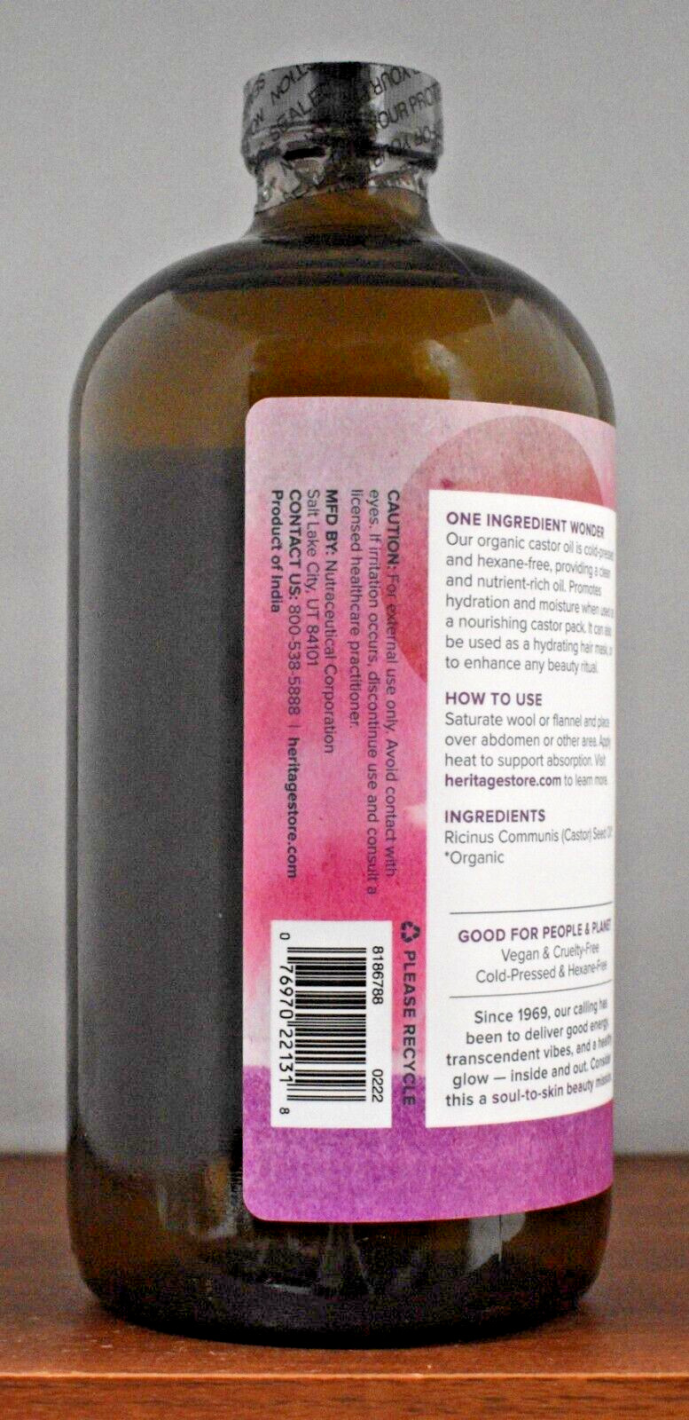 Heritage Store Organic Castor Oil 32 FL OZ (946 ml) Nourishing Treatment Glass