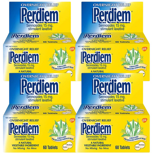 Perdiem Constipation Relief Laxative Tablets 15mg 60 Ct Each – Pack of 4