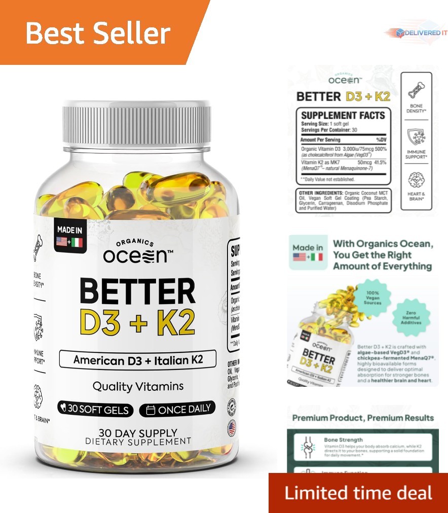 D3 K2 Softgels Organic Bone Heart Immune Mood Support 30-Count