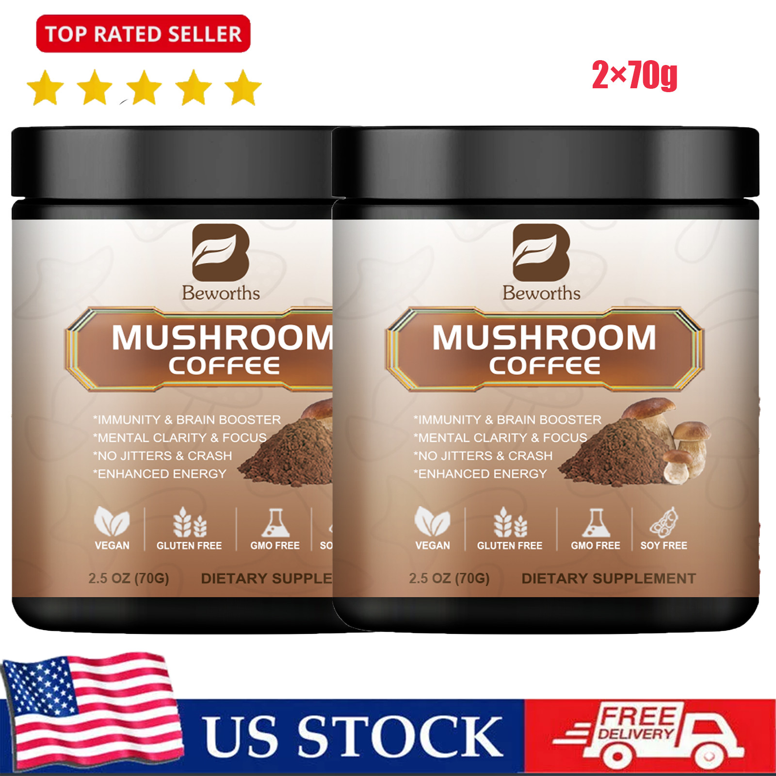 2*70g Organic Mushroom Coffee-Reishi,Cordyceps, Lion’s Mane,Turkey Tail Mushroom