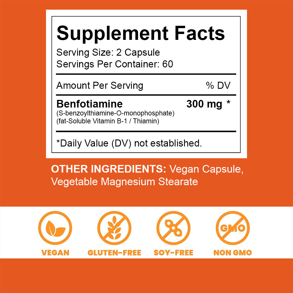 300mg Benfotiamine 240 Capsules Fat Soluble Thiamine Vitamin B1 Supplement