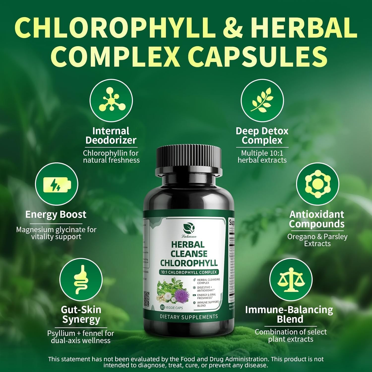 Chlorophyll Herbal Complex Capsules, 60 Vegan Energy & Immune Support