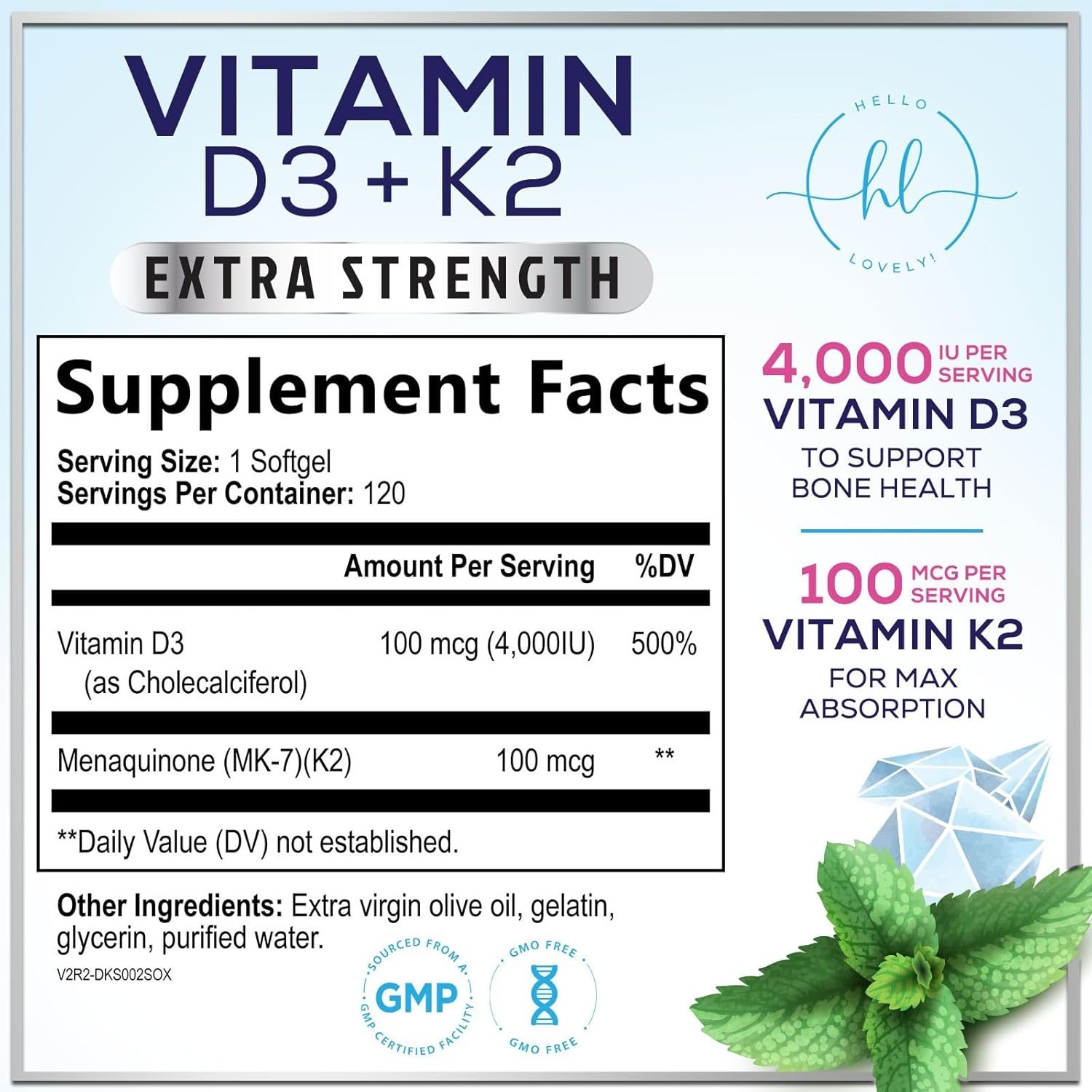 Vitamin D3 4000 IU with K2 MK-7 Bone Heart Immune Support 120 Softgels