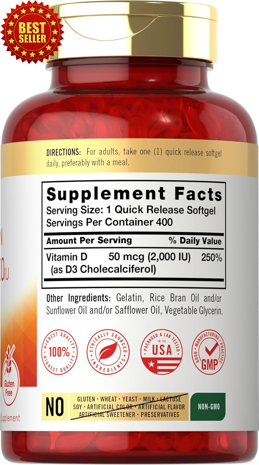 Carlyle Vitamin D3 Softgels 2000IU 50 Mcg 400 Count Non-gmo Gluten Free