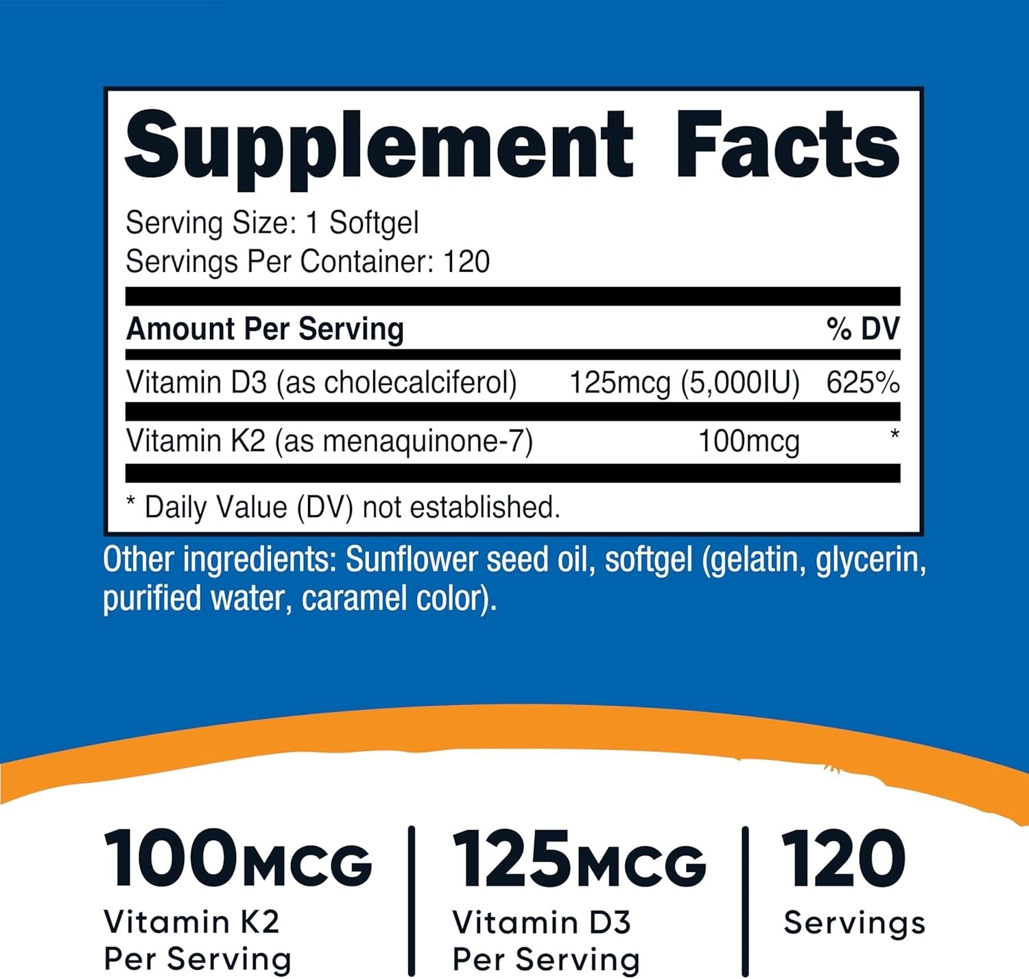 120 Softgels of Vitamin D3 5000 IU & K2 100 mcg – Non-GMO & Gluten Free