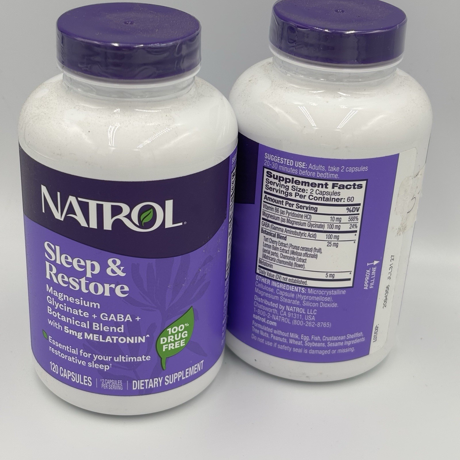 Natrol Sleep & Restore Magnesium GABA Melatonin 5mg 120 Caps Drug-Free Exp 7/27