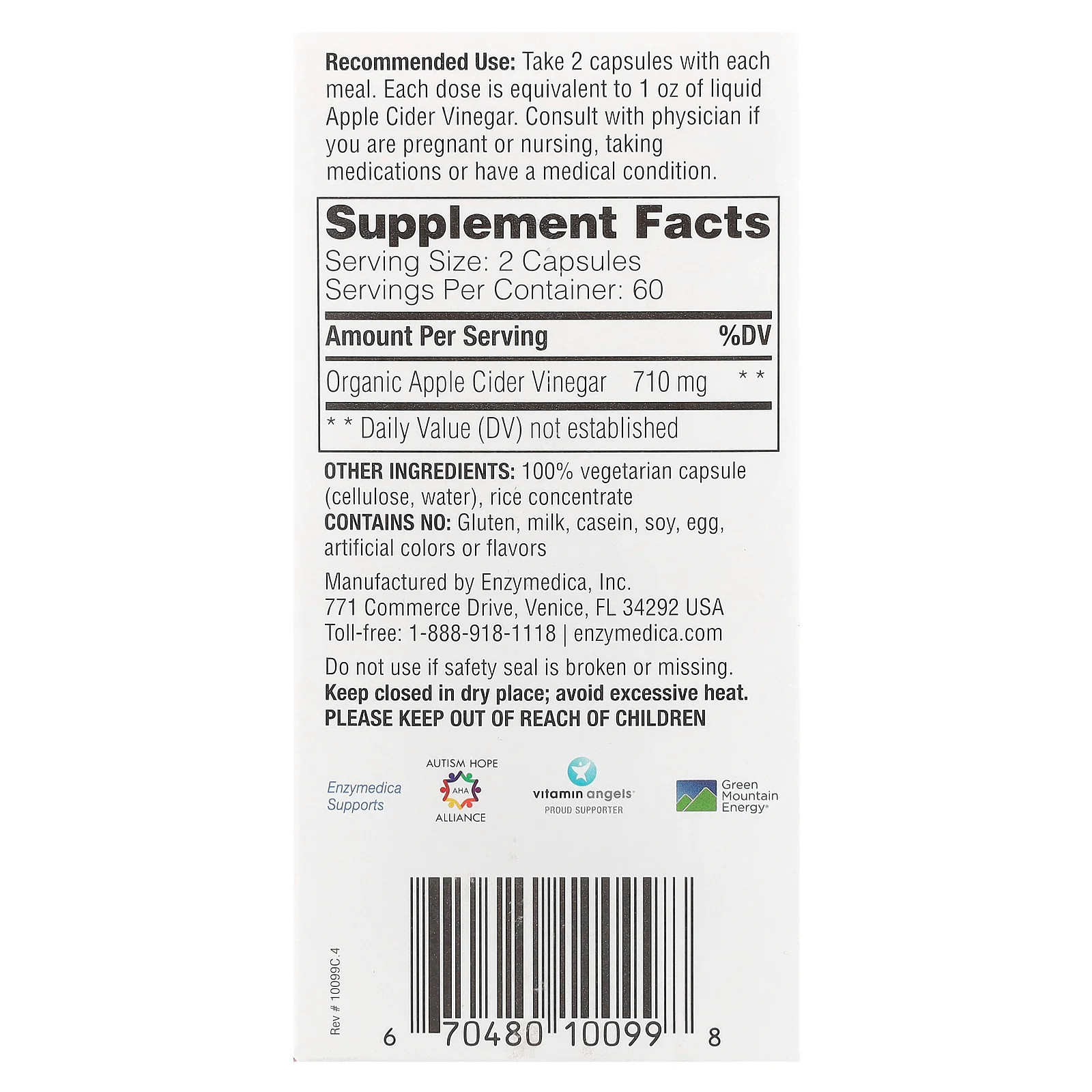 2 X Enzymedica, Apple Cider Vinegar with the Mother, 120 Capsules (355 mg per C