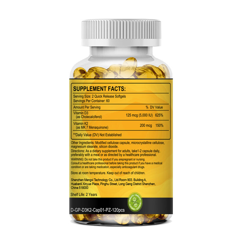 Vitamin D3 5000IU+K2 MK7 200mcg Heart Health Immune Support 120 Veggie Capsules