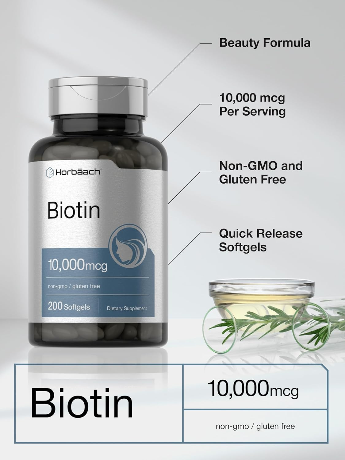 Horbäach Biotin 10000 Mcg | 200 Softgels with Vitamin B7 | Beauty Formula Supple