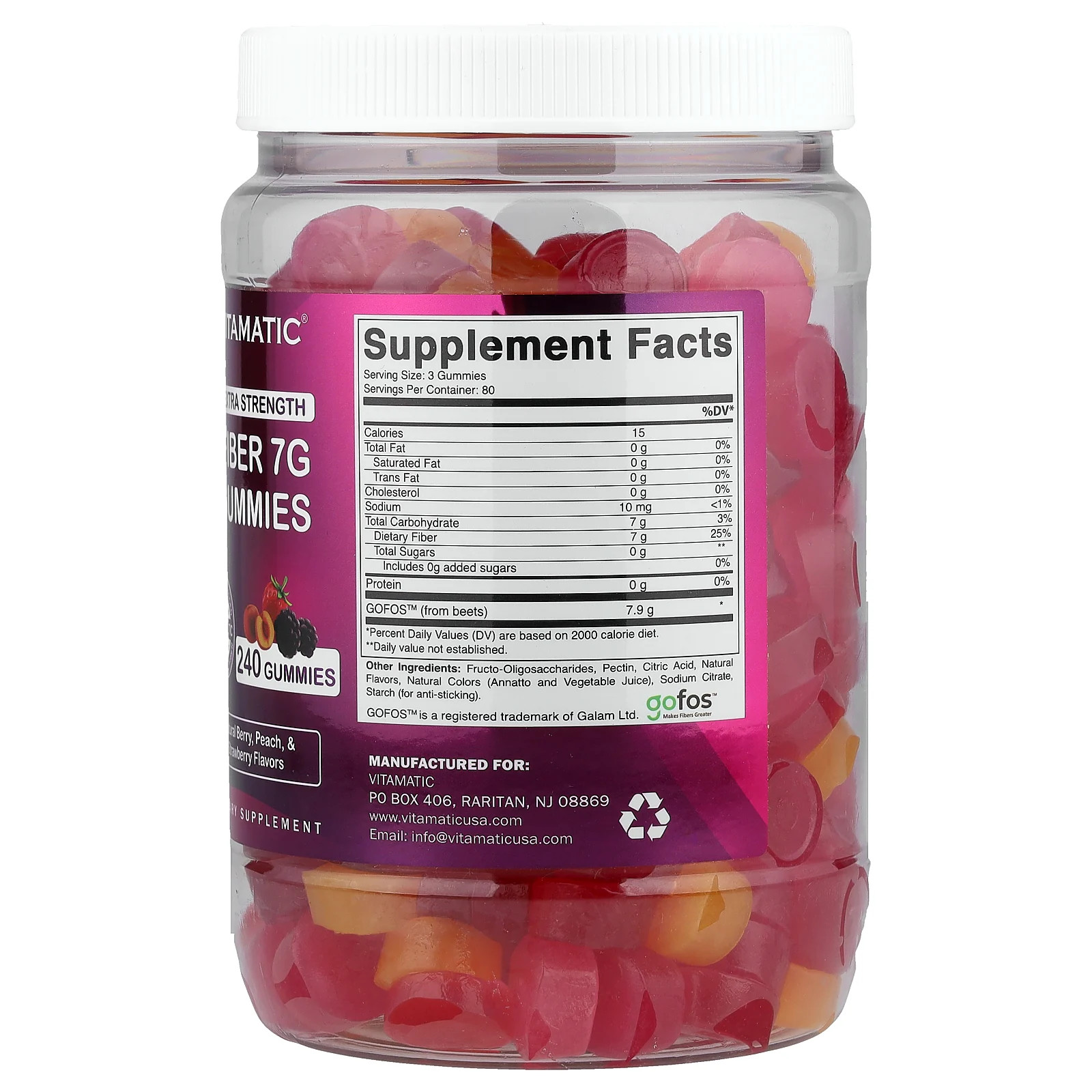 Fiber Gummies, Natural Berry, Peach & Strawberry, 240 Gummies