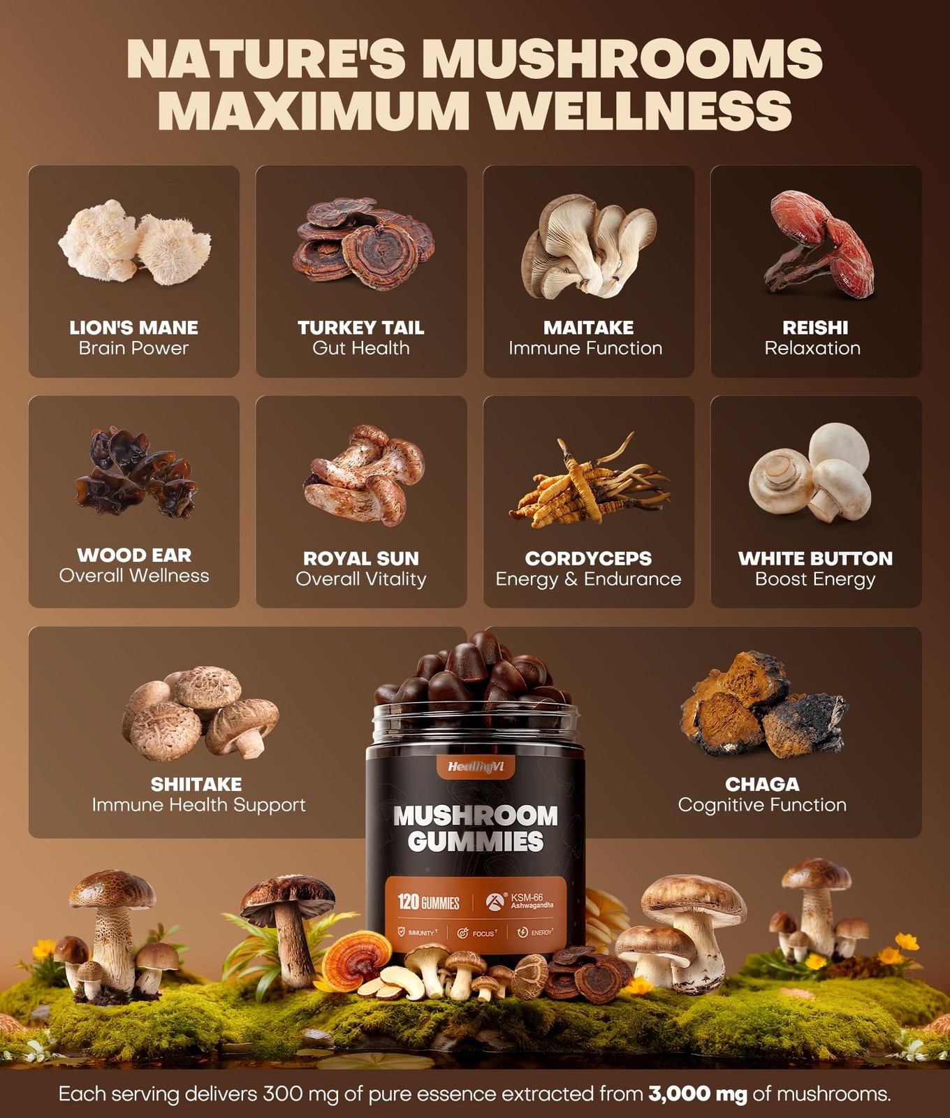 Healthyvi 10-In-1 Mushroom Gummies Ksm-66 Ashwagandha Magnesium Threonate