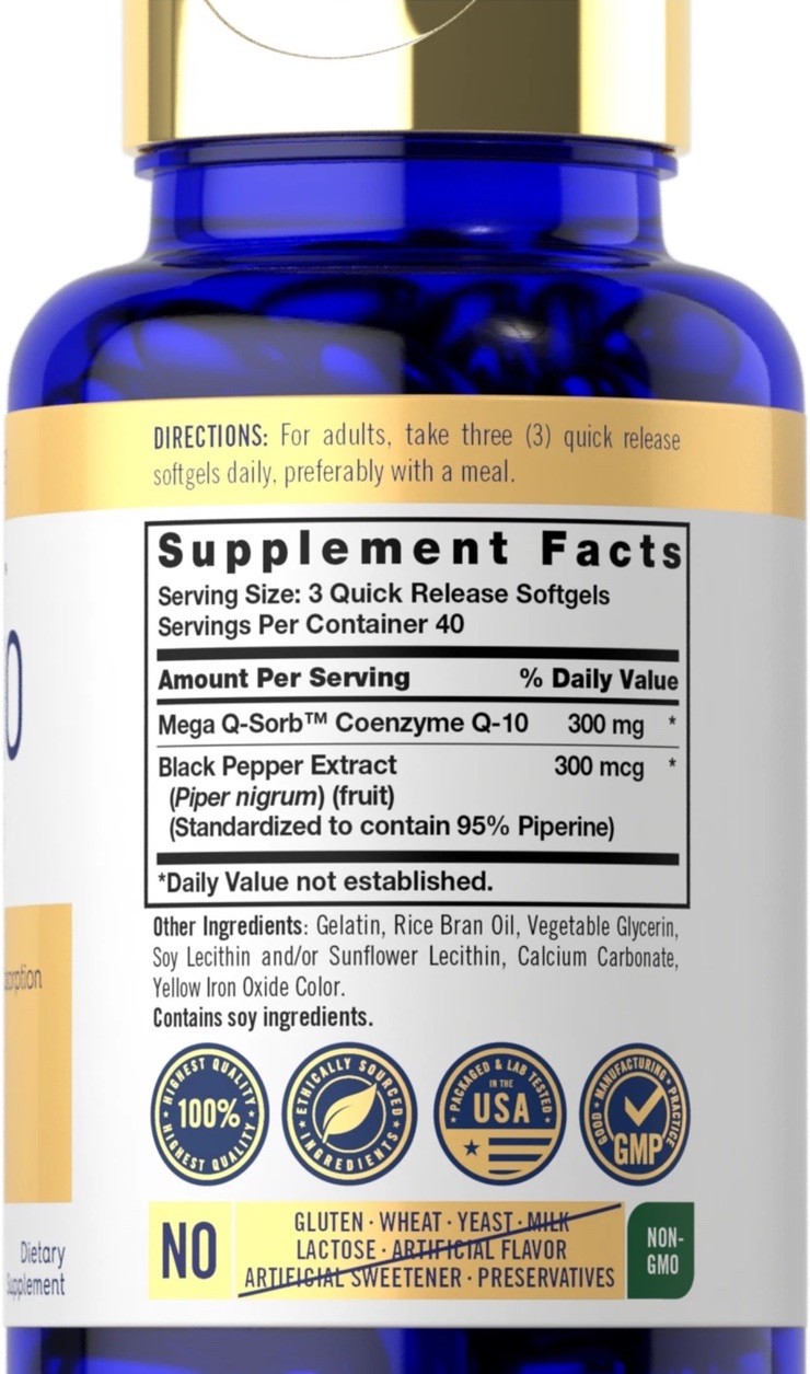 CoQ10 300mg 120 Softgels with Black Pepper Extract Non-GMO | by Carlyle