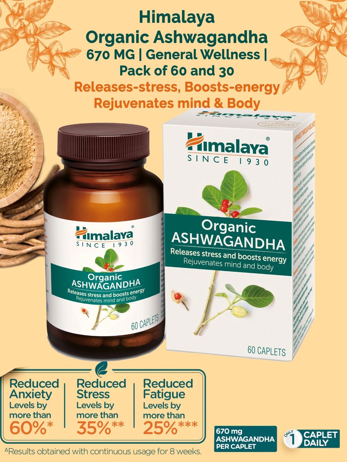 Himalaya Organic Ashwagandha 670 MG | General Wellness | Pack of 60 and 30