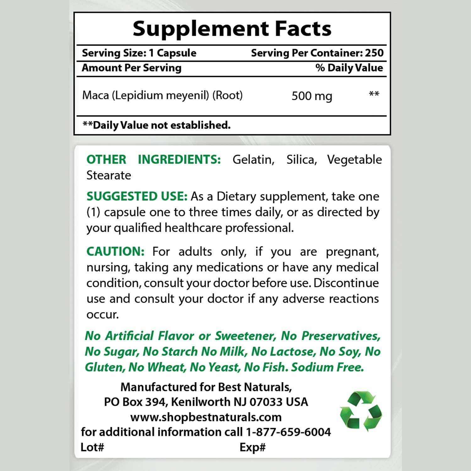 2 Pack Best Naturals Maca 500 mg 250 Capsules