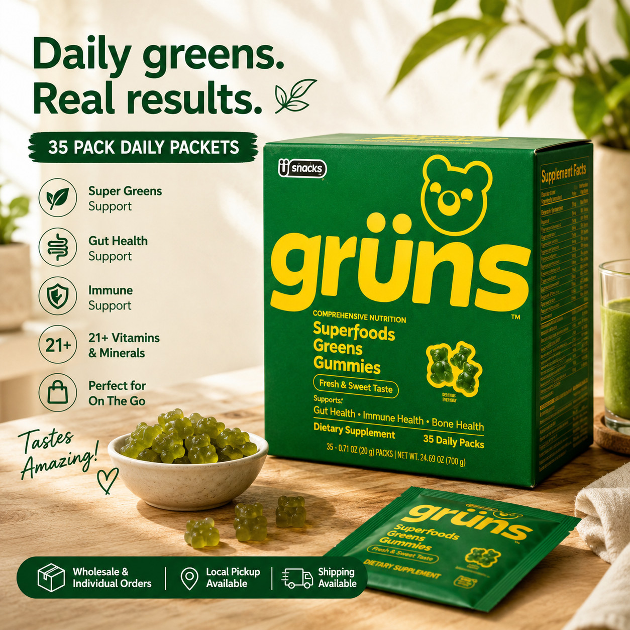 Gruns Adults Super Greens Gummies Multivitamin Superfood 35 Packs