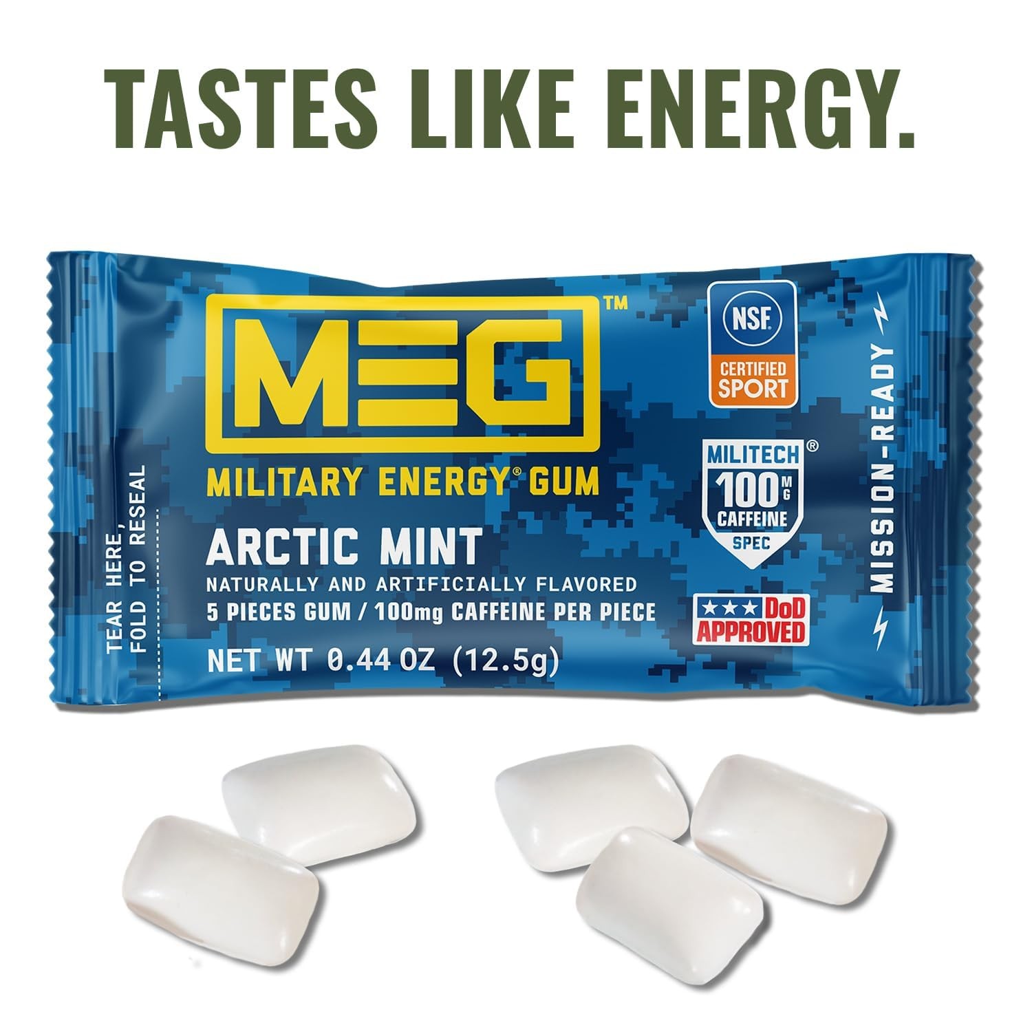 MEG – Military Energy Gum – Arctic Mint | 100mg 5 Count (Pack of 4),