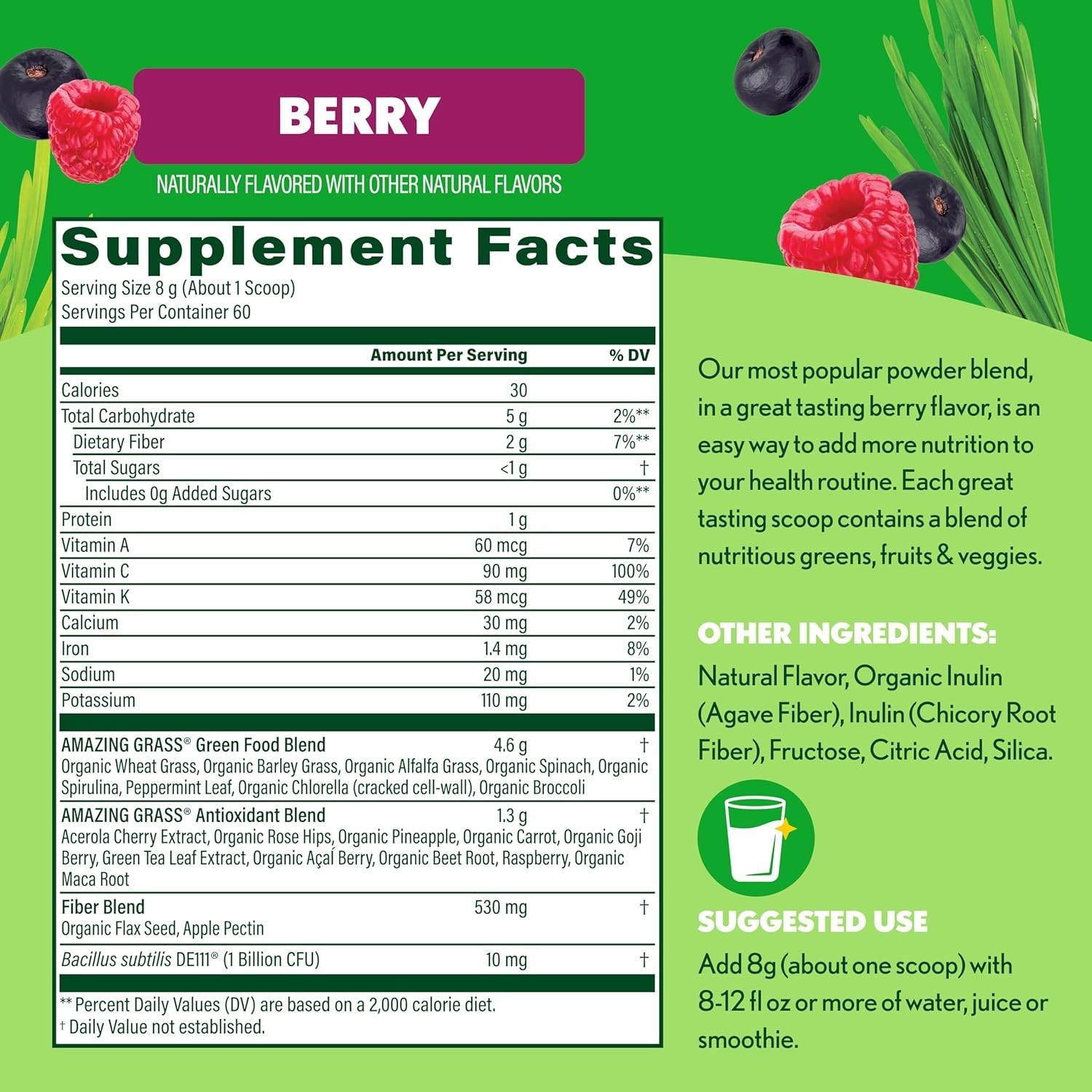 Amazing Grass Green Superfood Powder Berry Organic Spirulina 60 Servings